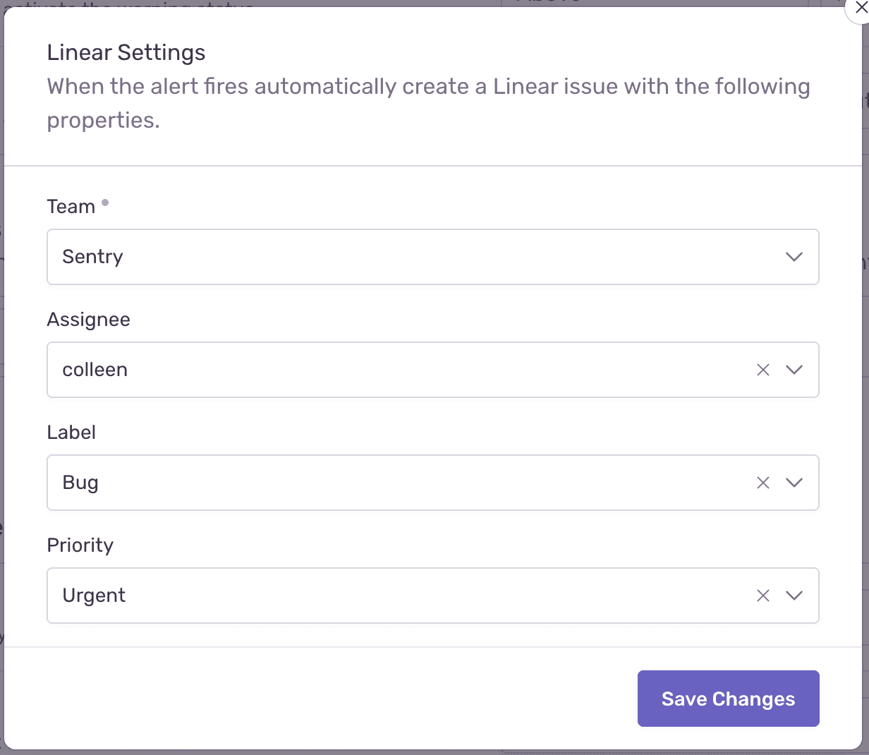 Create Linear issue as metric alert rule action